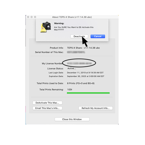 TEPS deactivation confirmation