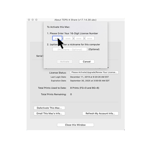 TEPS license key field